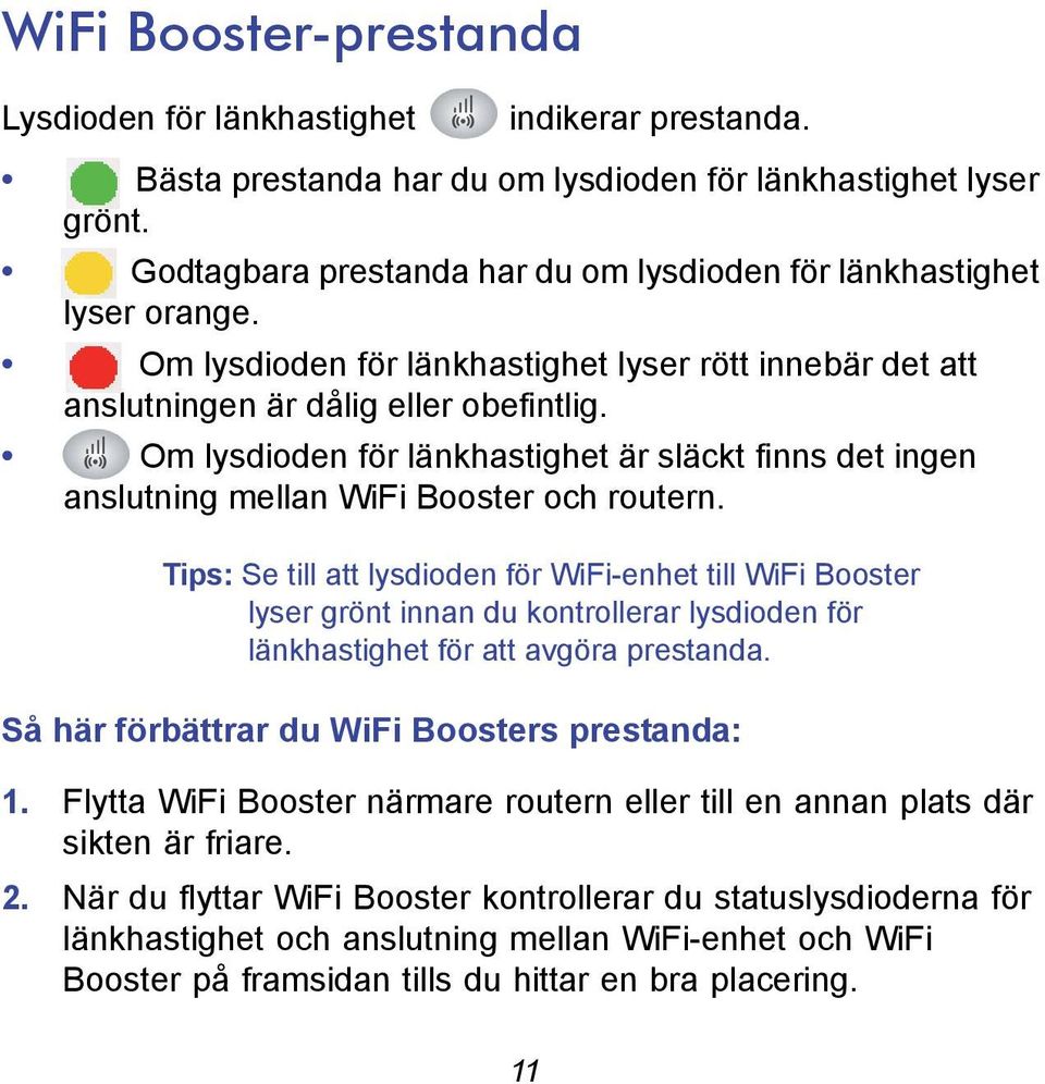 Om lysdioden för länkhastighet är släckt finns det ingen anslutning mellan WiFi Booster och routern.