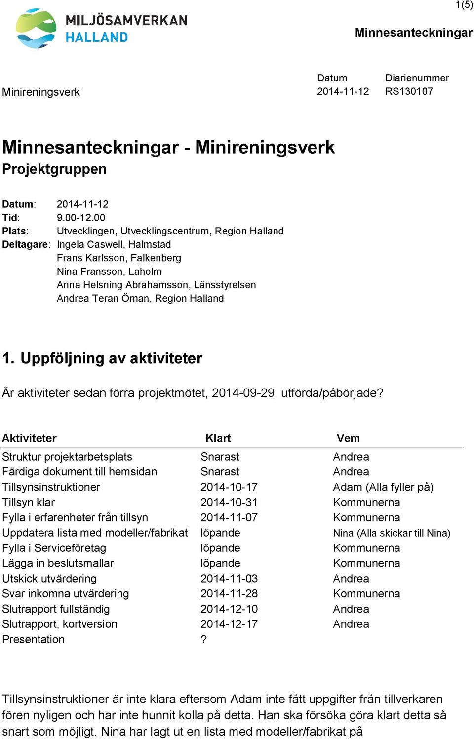 Öman, Region Halland 1. Uppföljning av aktiviteter Är aktiviteter sedan förra projektmötet, 2014-09-29, utförda/påbörjade?