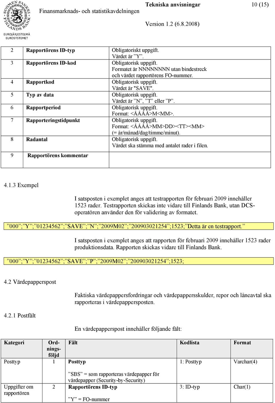 6 Rapportperiod Obligatorisk uppgift. Format: <ÅÅÅÅ>M<MM>. 7 Rapporteringstidpunkt Obligatorisk uppgift. Format: <ÅÅÅÅ>MM>DD><TT><MM> (= år/månad/dag/timme/minut). 8 Radantal Obligatorisk uppgift.