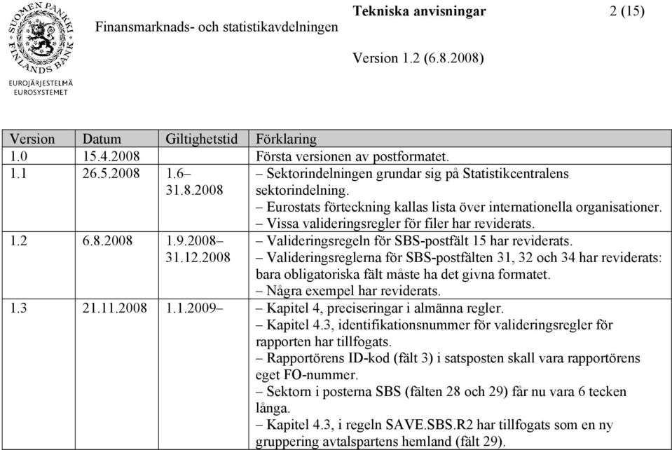 Valideringsregeln för SBS-postfält 15 har reviderats. Valideringsreglerna för SBS-postfälten 31, 32 och 34 har reviderats: bara obligatoriska fält måste ha det givna formatet.