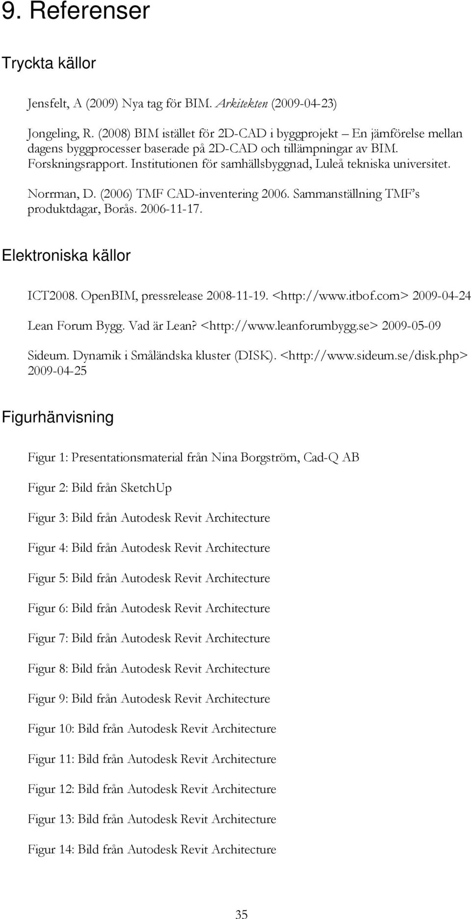 Institutionen för samhällsbyggnad, Luleå tekniska universitet. Norrman, D. (2006) TMF CAD-inventering 2006. Sammanställning TMF s produktdagar, Borås. 2006-11-17. Elektroniska källor ICT2008.