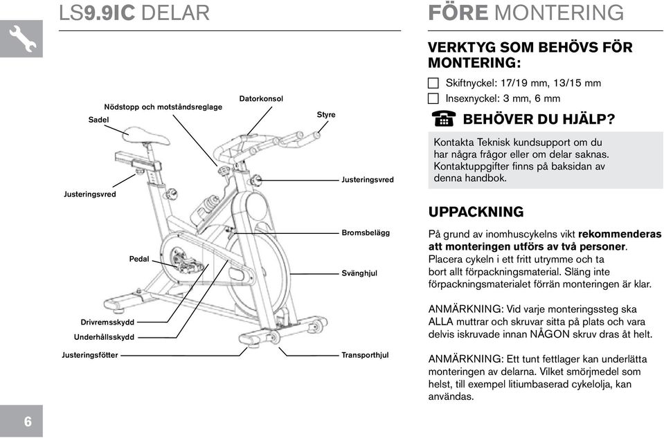 Justeringsvred UPPACKNING Pedal Bromsbelägg Svänghjul På grund av inomhuscykelns vikt rekommenderas att monteringen utförs av två personer.