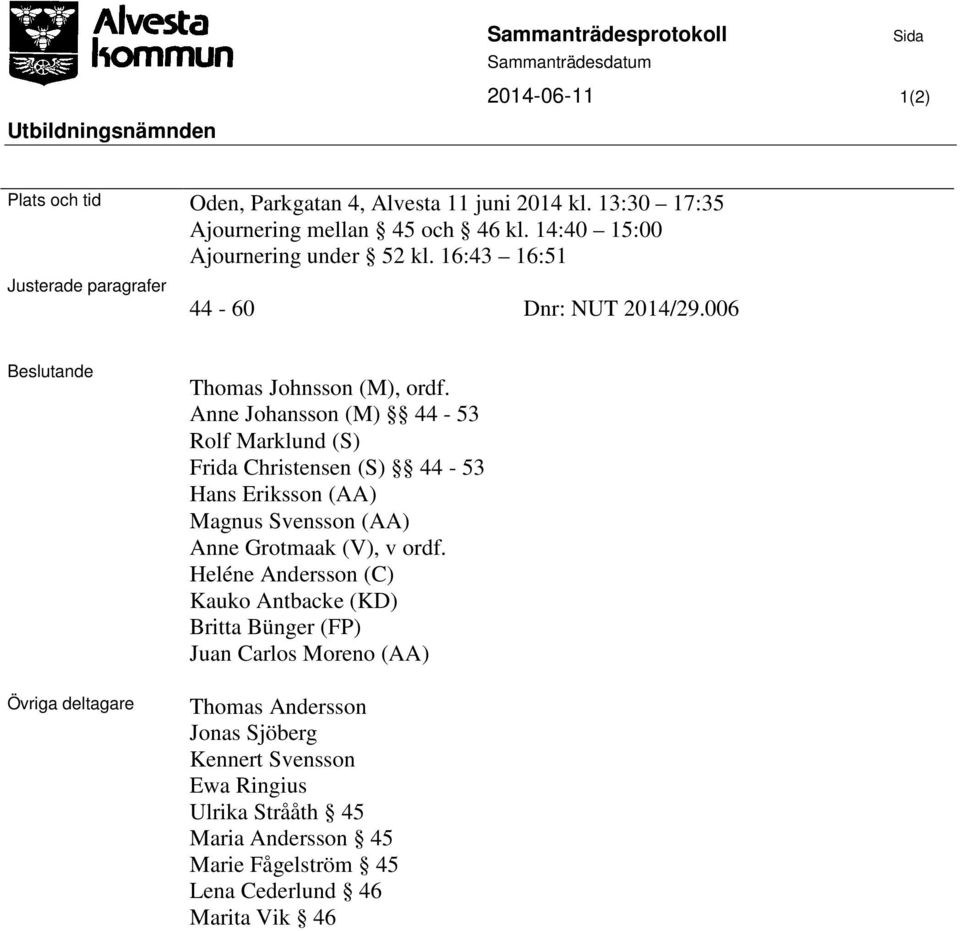 Anne Johansson (M) 44-53 Rolf Marklund (S) Frida Christensen (S) 44-53 Hans Eriksson (AA) Magnus Svensson (AA) Anne Grotmaak (V), v ordf.