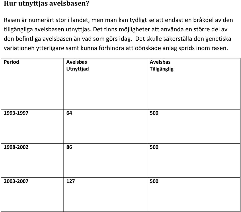 utnyttjas. Det finns möjligheter att använda en större del av den befintliga avelsbasen än vad som görs idag.