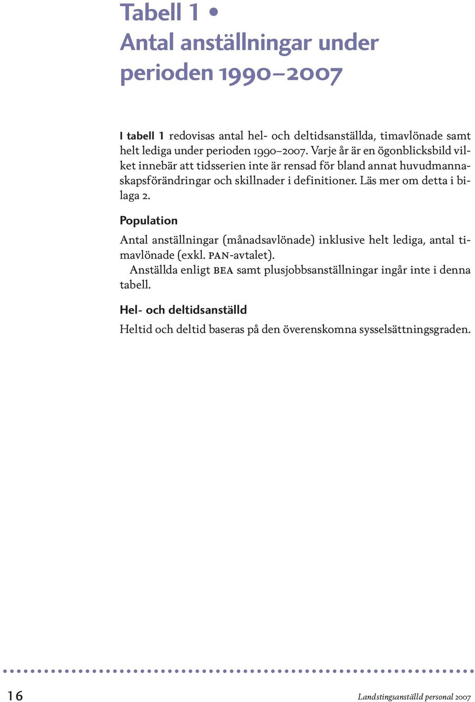 Läs mer om detta i bilaga 2. Population Antal anställningar (månadsavlönade) inklusive helt lediga, antal timavlönade (exkl. pan-avtalet).