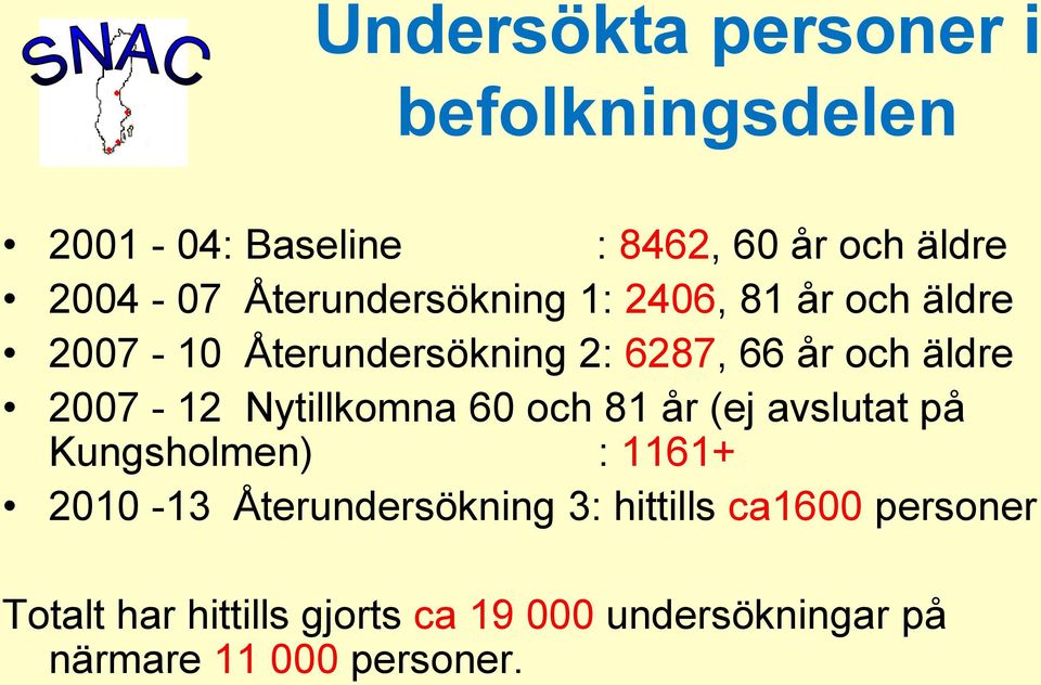 2007-12 Nytillkomna 60 och 81 år (ej avslutat på Kungsholmen) : 1161+ 2010-13 Återundersökning