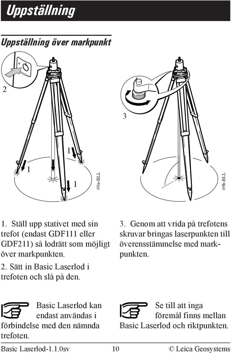 Sätt in Basic Laserlod i trefoten och slå på den. 3.