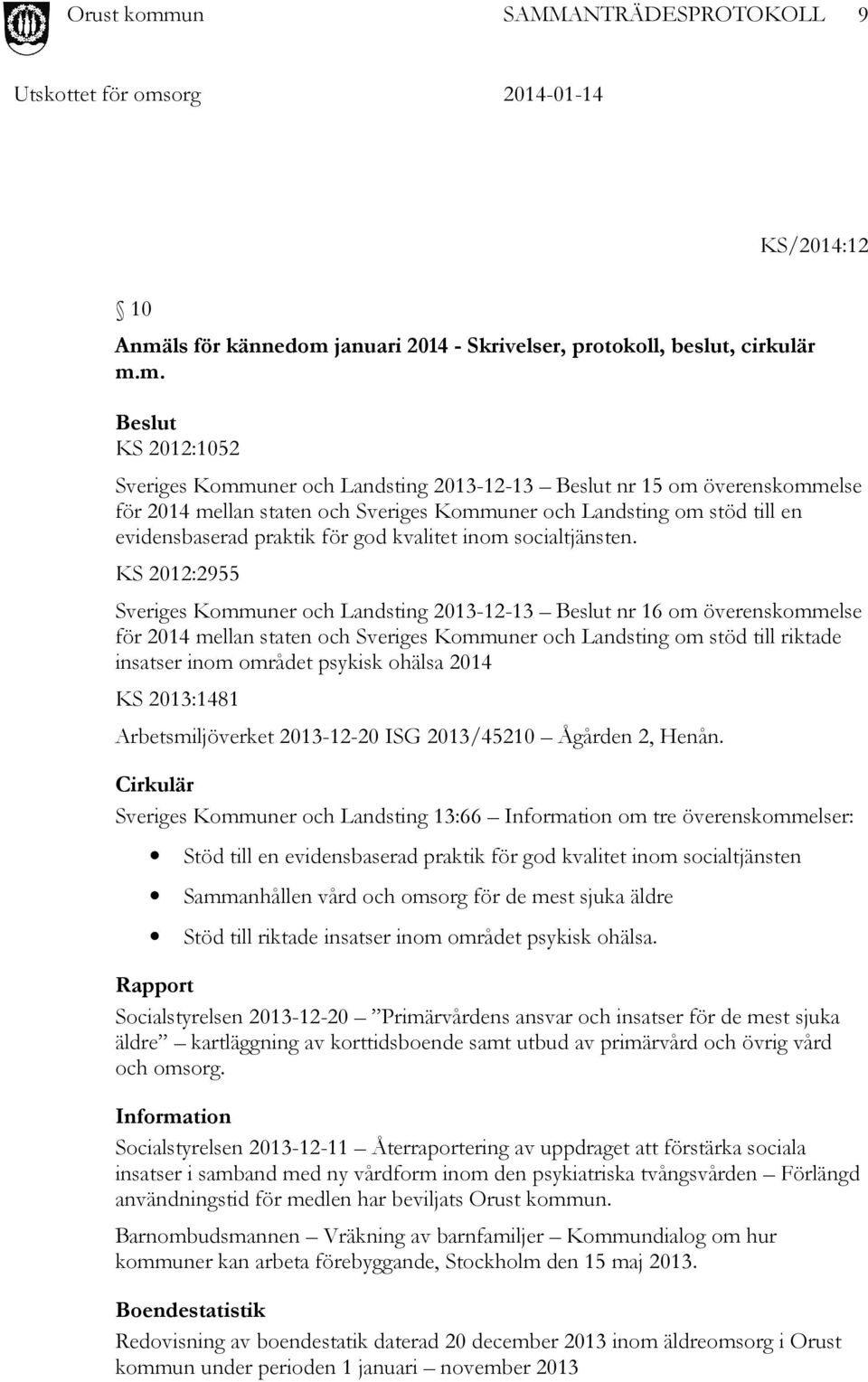 januari 2014 - Skrivelser, protokoll, beslut, cirkulär m.