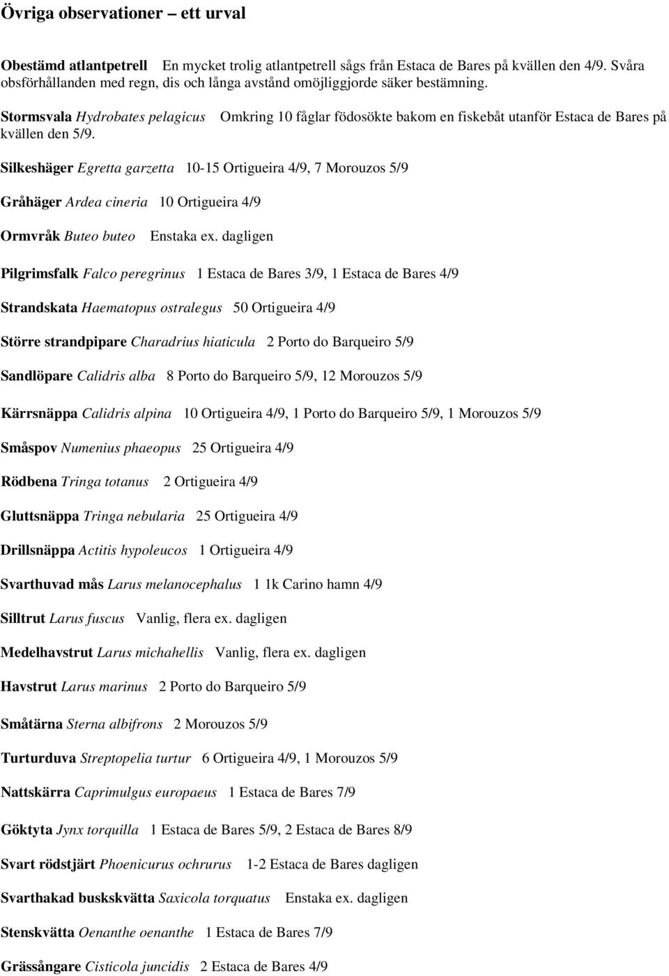 Omkring 10 fåglar födosökte bakom en fiskebåt utanför Estaca de Bares på Silkeshäger Egretta garzetta 10-15 Ortigueira 4/9, 7 Morouzos 5/9 Gråhäger Ardea cineria 10 Ortigueira 4/9 Ormvråk Buteo buteo