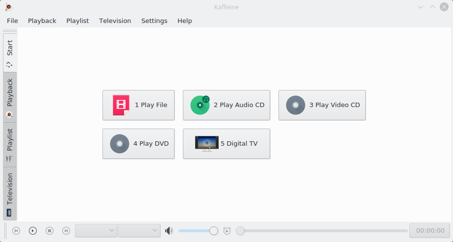 Kapitel 1 Kaffeine spelare 1.1 Startfönstret Som många andra mediaspelare stöder Kaffeine ett stort antal video- och ljudformat samt uppspelning av ljud och video från dvd och cd-skivor.