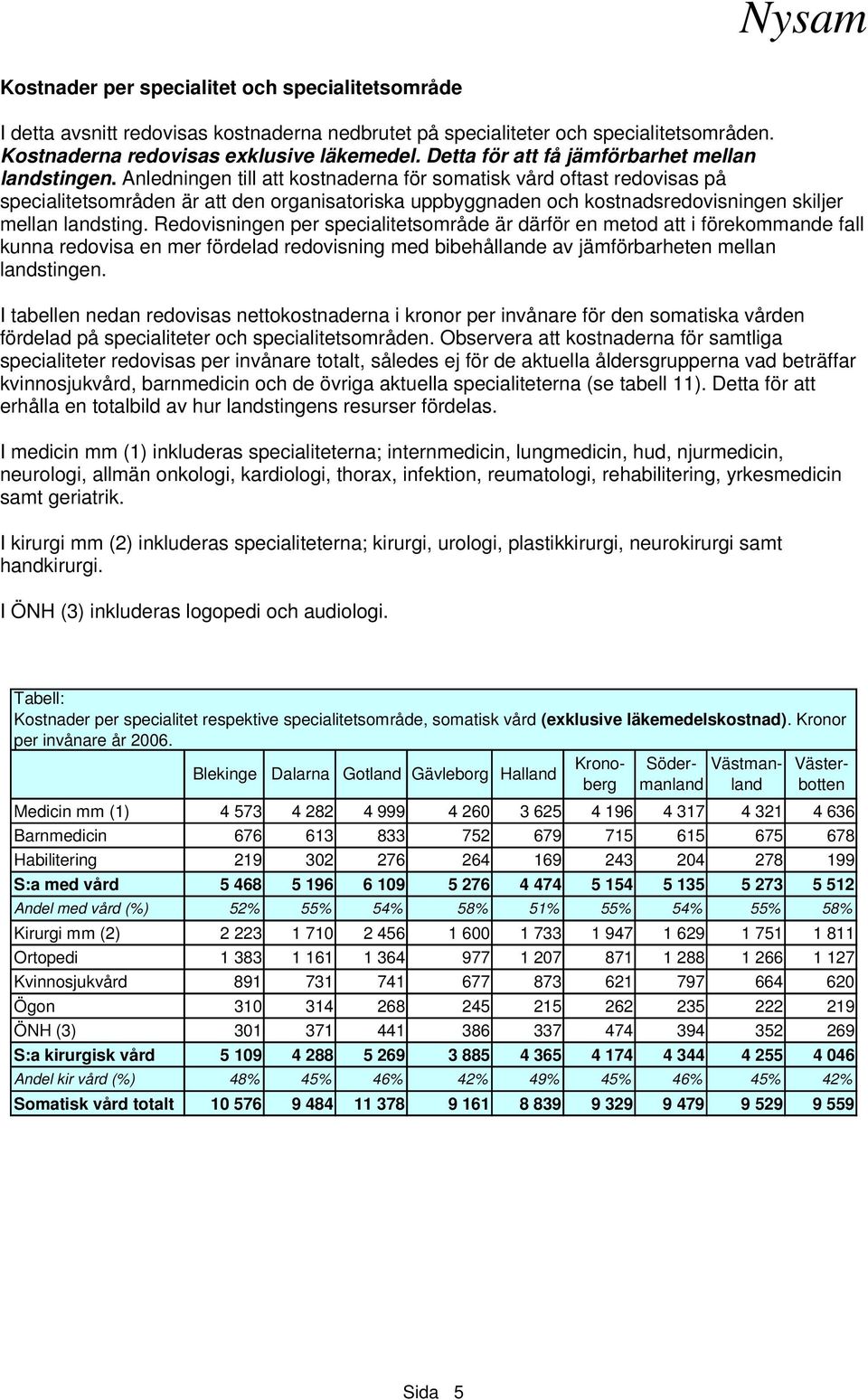 Anledningen till att kostnaderna för somatisk vård oftast redovisas på specialitetsområden är att den organisatoriska uppbyggnaden och kostnadsredovisningen skiljer mellan landsting.