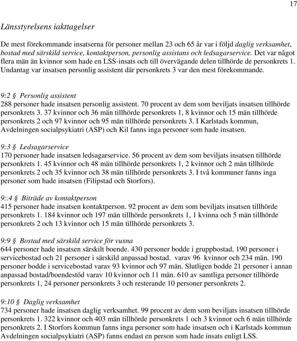 Undantag var insatsen personlig assistent där personkrets 3 var den mest förekommande. 9:2 Personlig assistent 288 personer hade insatsen personlig assistent.