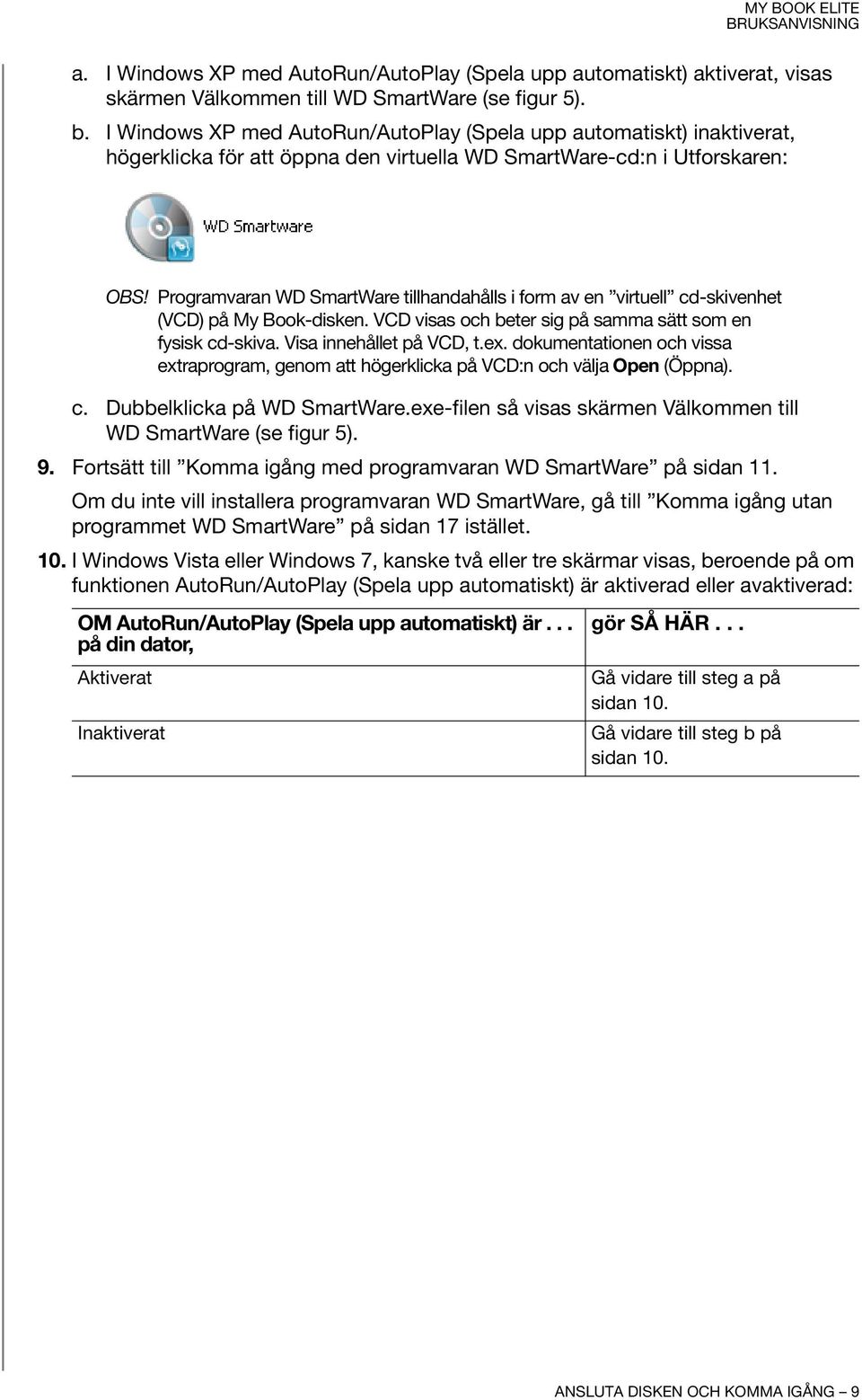 Programvaran WD SmartWare tillhandahålls i form av en virtuell cd-skivenhet (VCD) på My Book-disken. VCD visas och beter sig på samma sätt som en fysisk cd-skiva. Visa innehållet på VCD, t.ex.