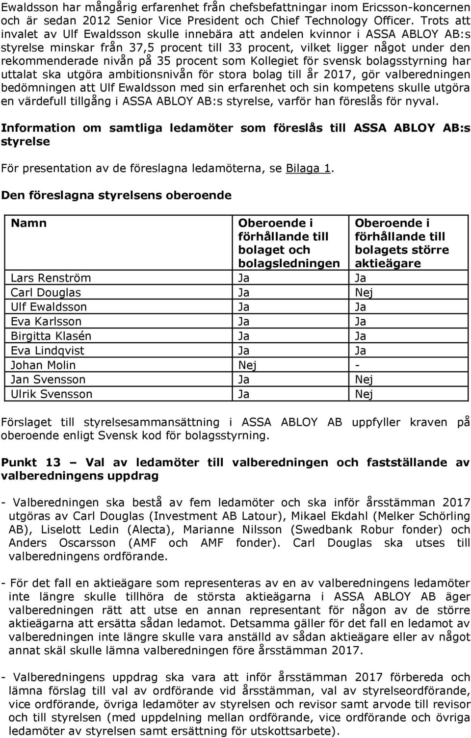 procent som Kollegiet för svensk bolagsstyrning har uttalat ska utgöra ambitionsnivån för stora bolag till år 2017, gör valberedningen bedömningen att Ulf Ewaldsson med sin erfarenhet och sin