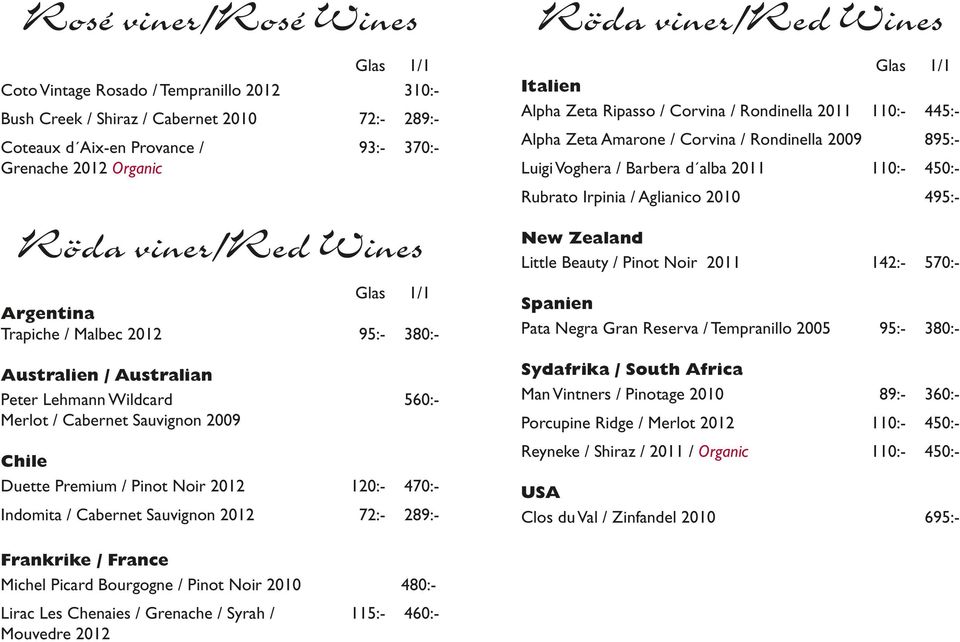 Cabernet Sauvignon 2012 72:- 289:- Röda viner/red Wines Italien Alpha Zeta Ripasso / Corvina / Rondinella 2011 110:- 445:- Alpha Zeta Amarone / Corvina / Rondinella 2009 895:- Luigi Voghera / Barbera