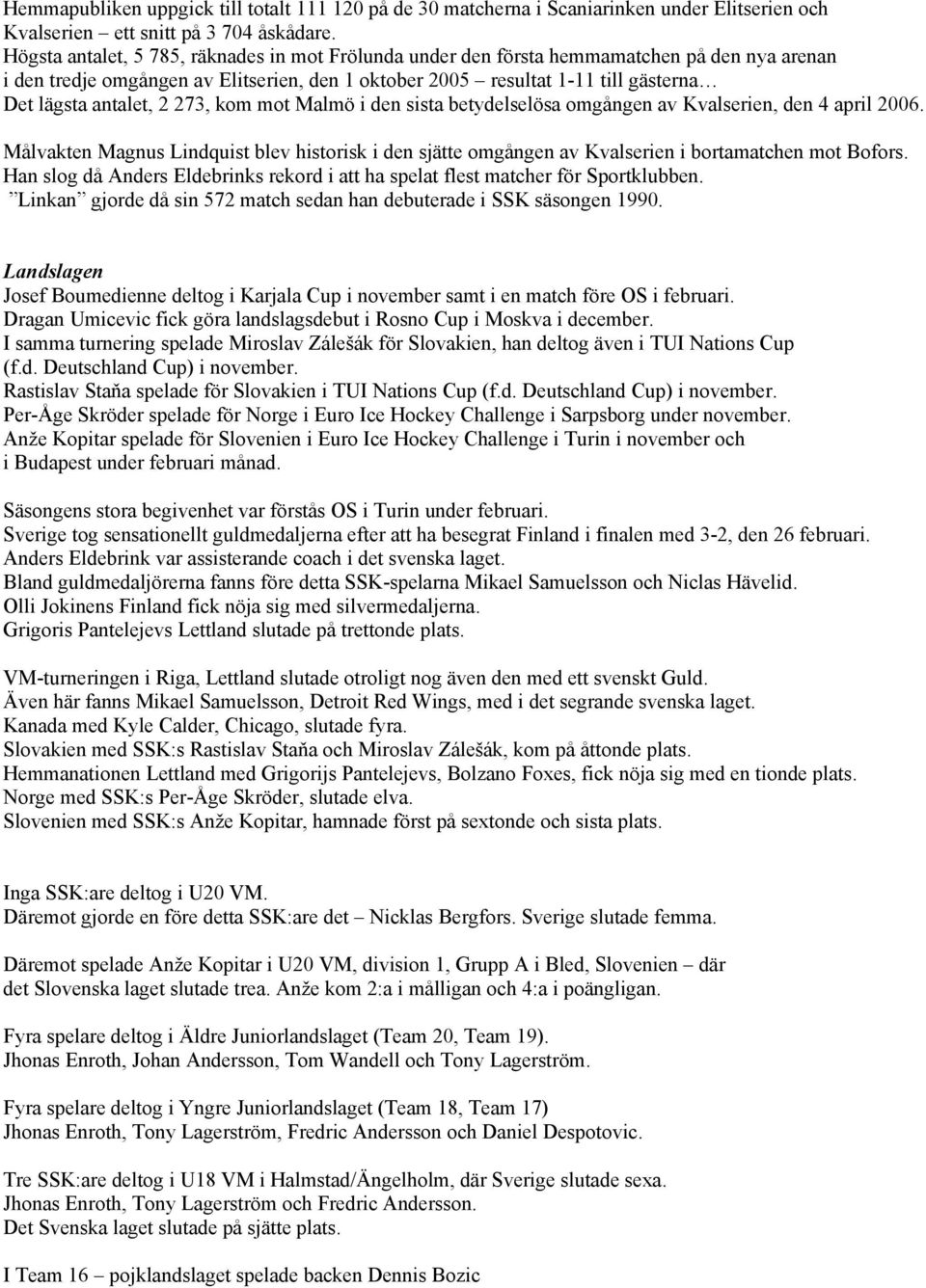 2 273, kom mot Malmö i den sista betydelselösa omgången av Kvalserien, den 4 april 2006. Målvakten Magnus Lindquist blev historisk i den sjätte omgången av Kvalserien i bortamatchen mot Bofors.