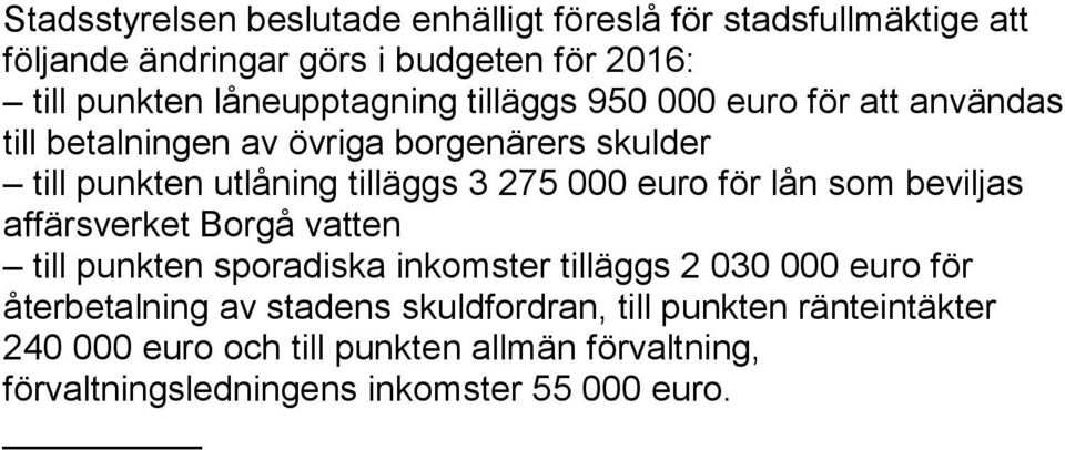 275 000 euro för lån som beviljas affärsverket Borgå vatten till punkten sporadiska inkomster tilläggs 2 030 000 euro för återbetalning