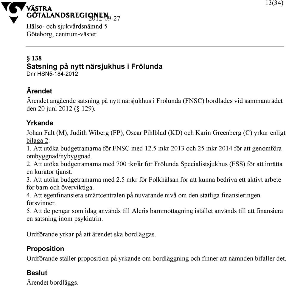 5 mkr 2013 och 25 mkr 2014 för att genomföra ombyggnad/nybyggnad. 2. Att utöka budgetramarna med 700 tkr/år för Frölunda Specialistsjukhus (FSS) för att inrätta en kurator tjänst. 3.