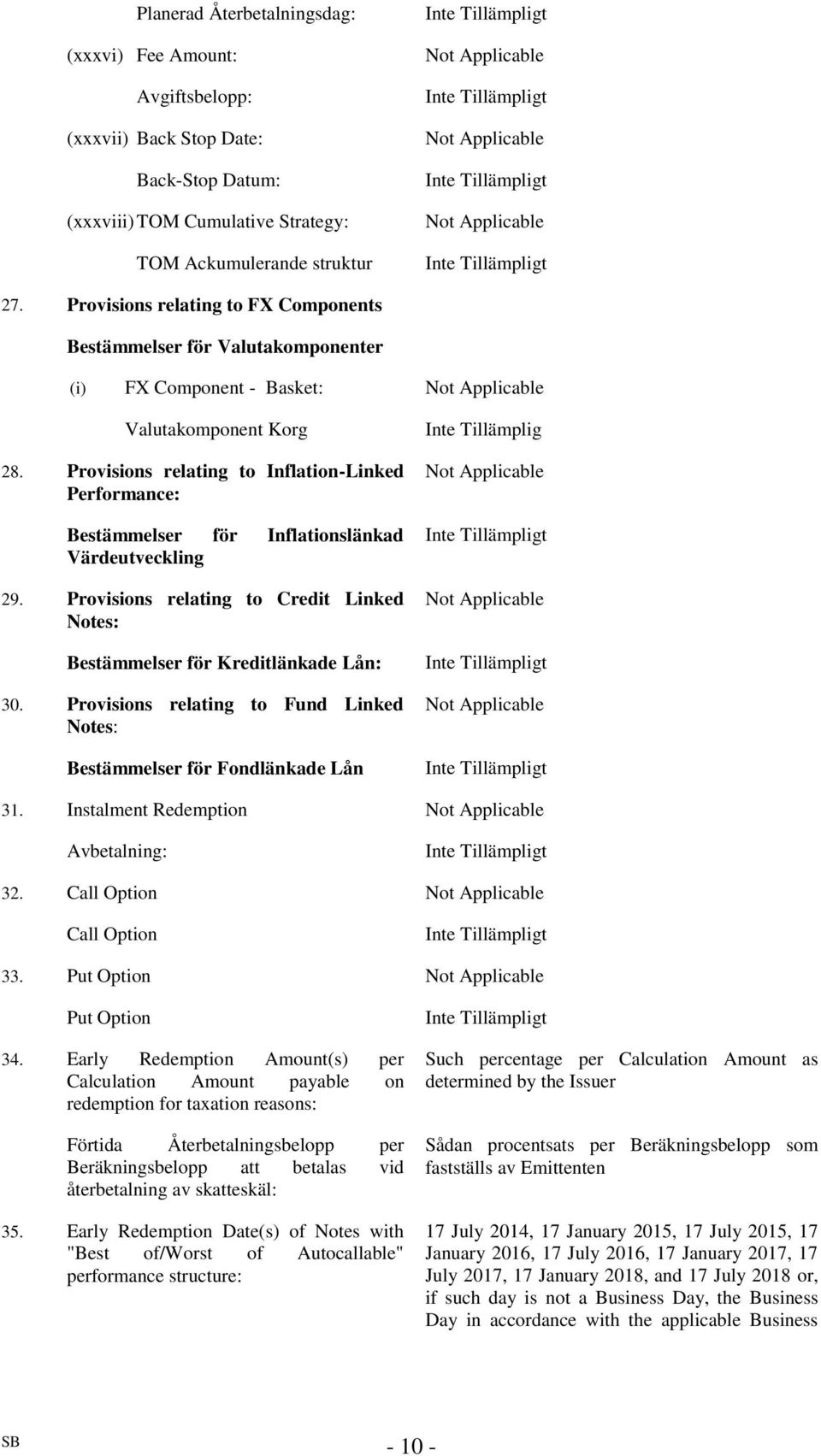 Provisions relating to Inflation-Linked Performance: Bestämmelser för Inflationslänkad Värdeutveckling 29. Provisions relating to Credit Linked Notes: Bestämmelser för Kreditlänkade Lån: 30.