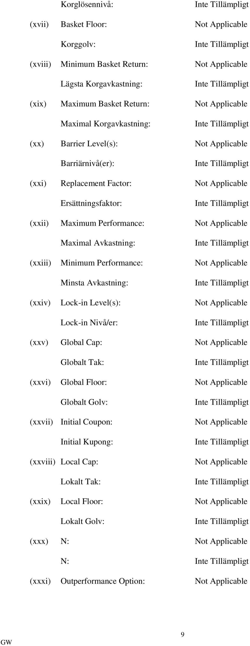 Performance: Not Applicable Minsta Avkastning: (xxiv) Lock-in Level(s): Not Applicable Lock-in Nivå/er: (xxv) Global Cap: Not Applicable Globalt Tak: (xxvi) Global Floor: Not Applicable Globalt Golv: