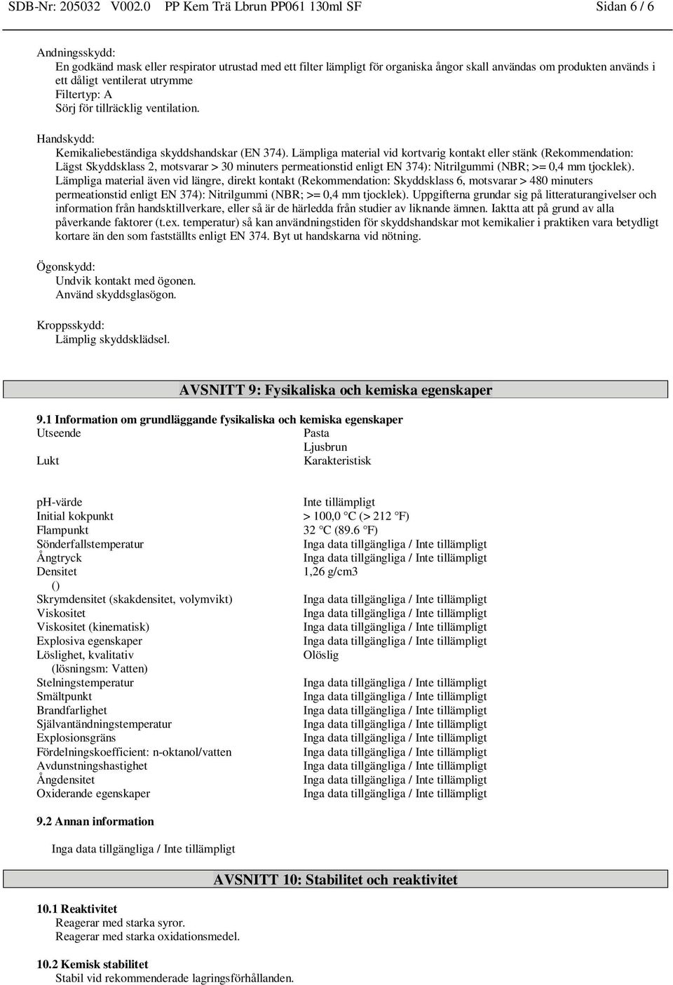 ventilerat utrymme Filtertyp: A Sörj för tillräcklig ventilation. Handskydd: Kemikaliebeständiga skyddshandskar (EN 374).