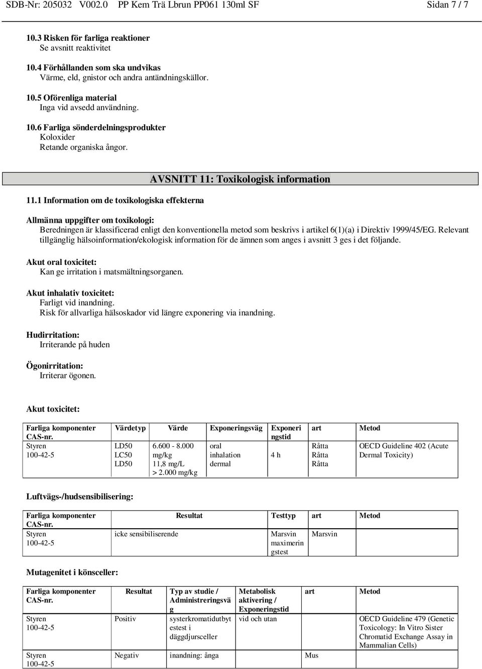 11.1 Information om de toxikologiska na AVSNITT 11: Toxikologisk information Allmänna uppgifter om toxikologi: Beredningen är klassificerad enligt den konventionella metod som beskrivs i artikel