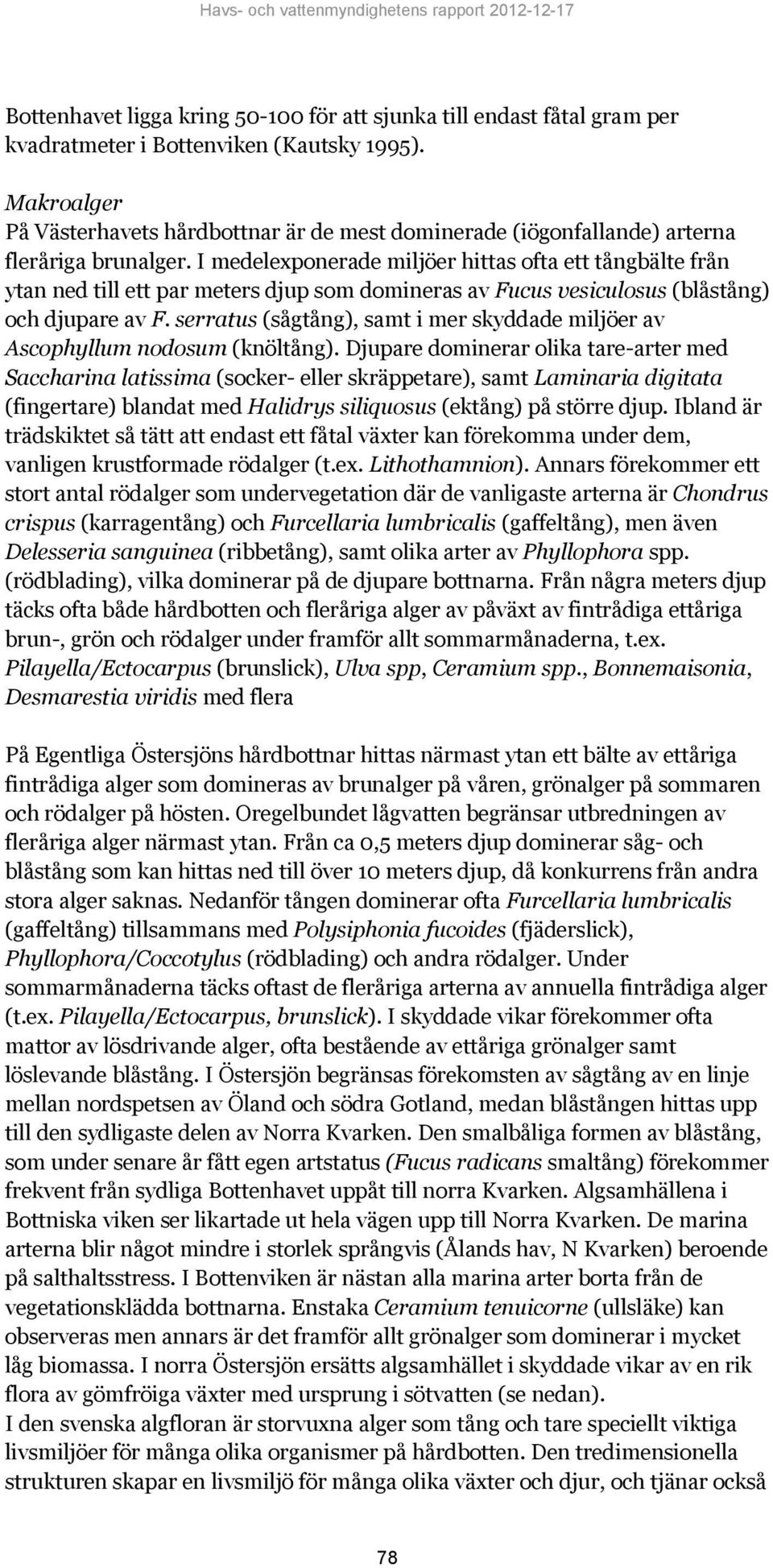 I medelexponerade miljöer hittas ofta ett tångbälte från ytan ned till ett par meters djup som domineras av Fucus vesiculosus (blåstång) och djupare av F.