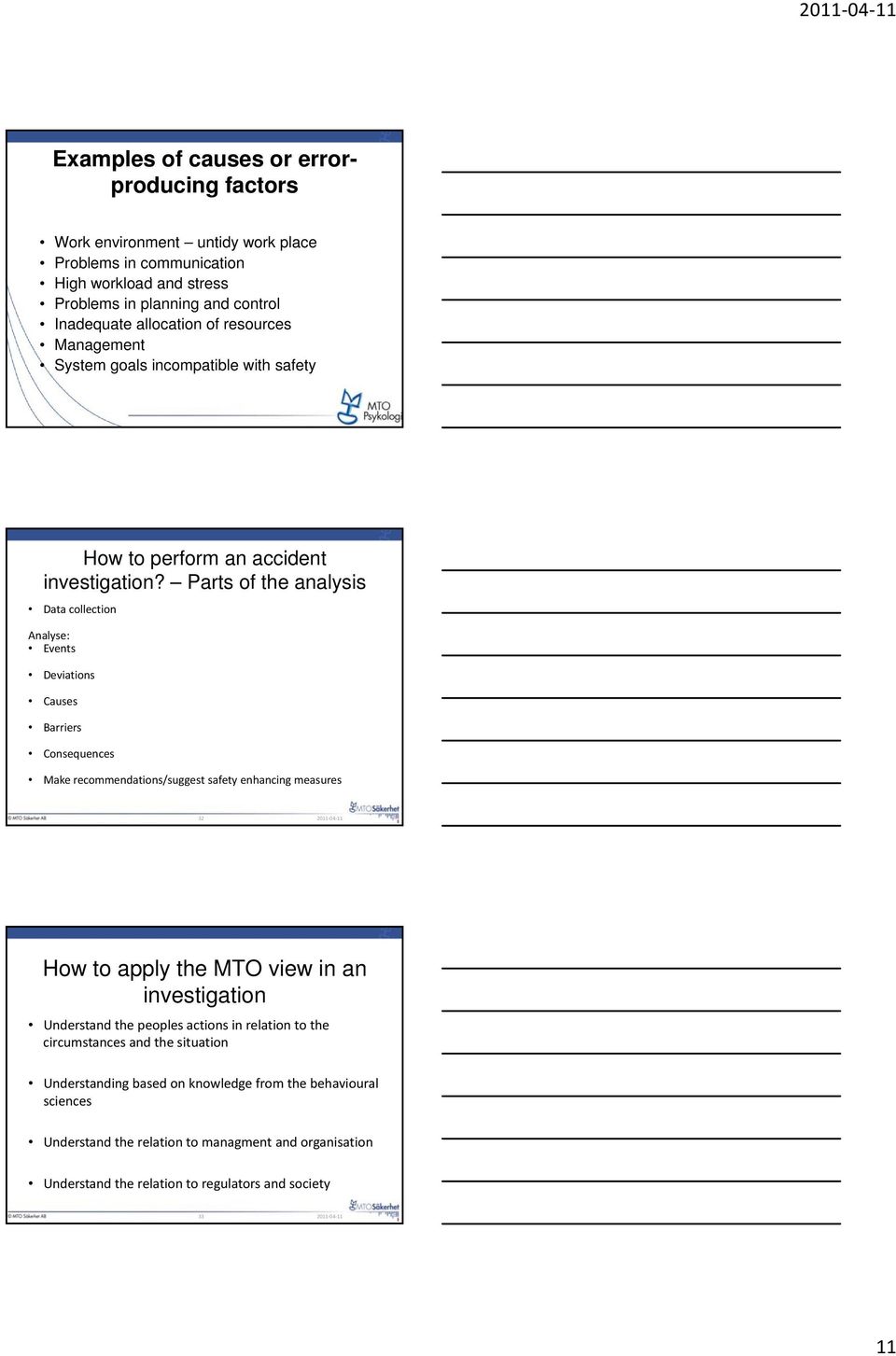 Parts of the analysis Data collection Analyse: Events Deviations Causes Barriers Consequences Make recommendations/suggest safety enhancing measures 32 How to apply the MTO view in an