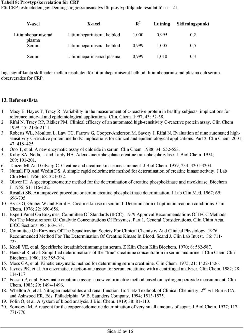 0,999 1,010 0,3 Inga signifikanta skillnader mellan resultaten för litiumhepariniserat helblod, litiumhepariniserad plasma och serum observerades för CRP. 13. Referenslista 1.