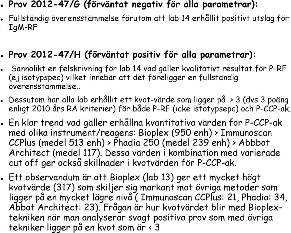 . Dessutom har alla lab erhållit ett kvot-värde som ligger på > 3 (dvs 3 poäng enligt 2010 års RA kriterier) för både P-RF (icke istotypsepc) och P-CCP-ak.