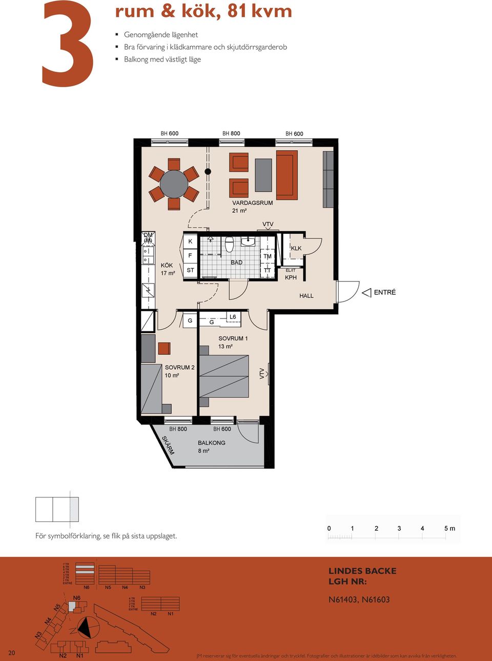 VARDASRUM 21 m² ) 17 m² K F SOVRUM 2 BH BH 600 BALKON 8 m² För symbolförklaring,