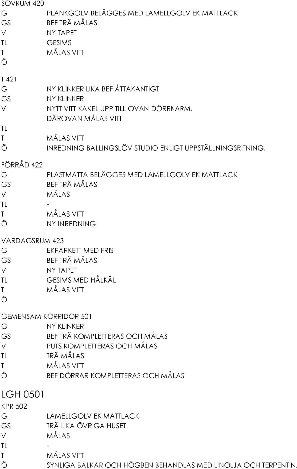 FRRÅD 422 PLASMAA BELÄES MED LAMELLOL EK MALACK S BEF RÄ L - I NY INREDNIN ARDASRUM 423 EKPARKE MED FRIS S BEF RÄ NY APE L ESIMS MED