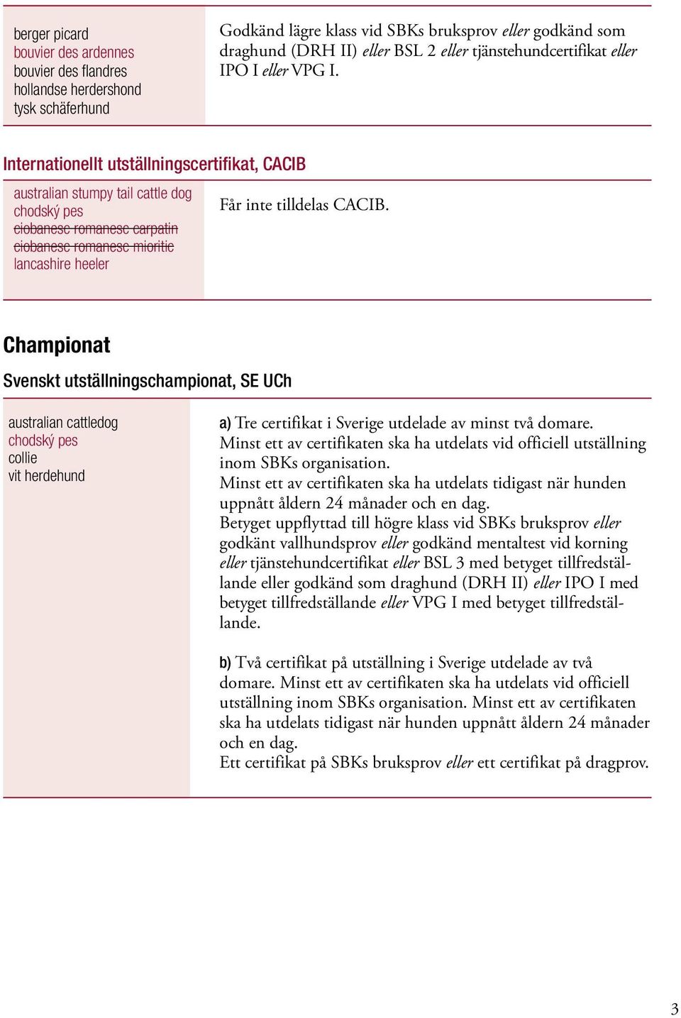Internationellt utställningscertifikat, CACIB australian stumpy tail cattle dog chodský pes ciobanesc romanesc carpatin ciobanesc romanesc mioritic lancashire heeler Får inte tilldelas CACIB.