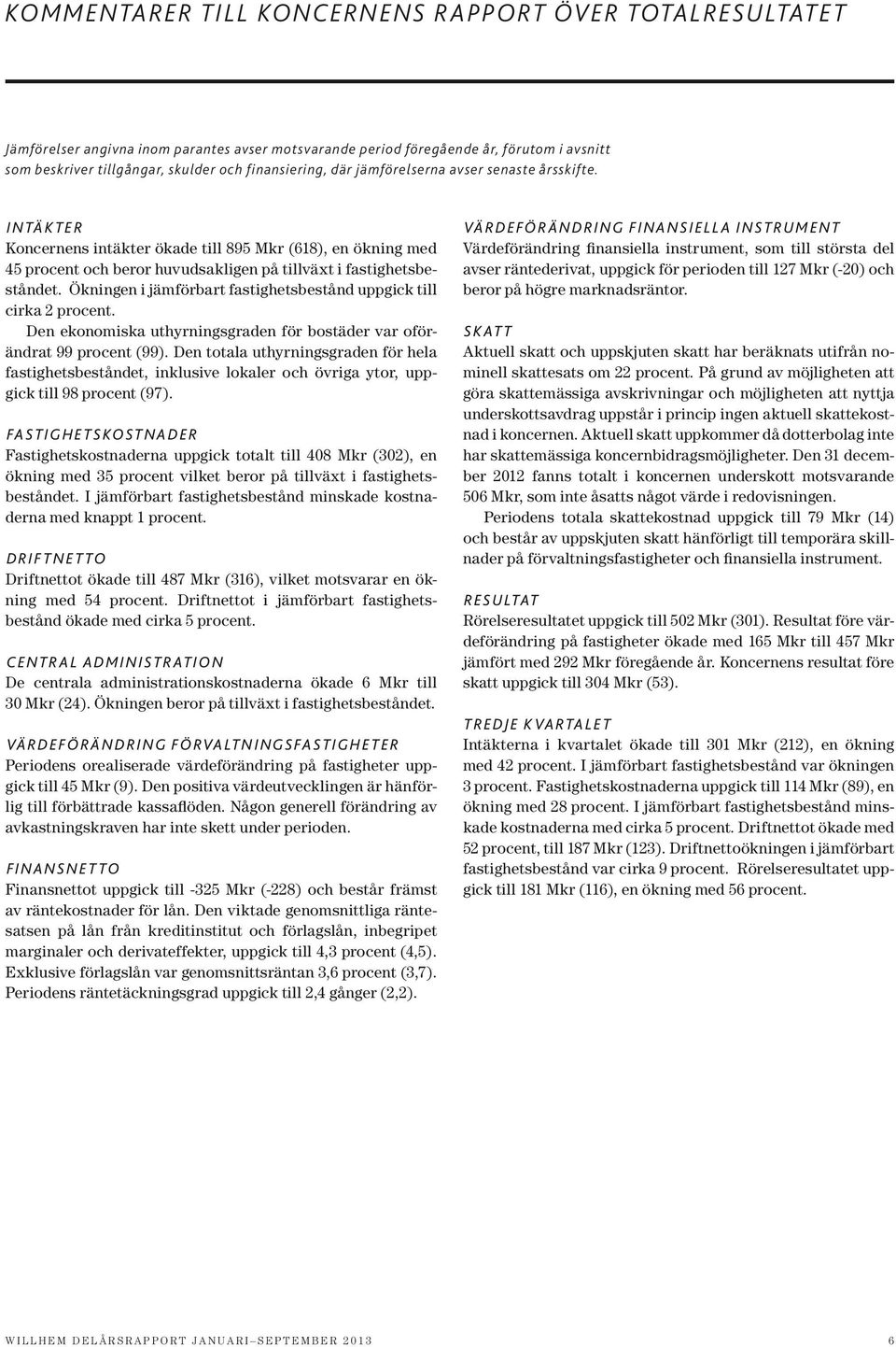 Ökningen i jämförbart fastighetsbestånd uppgick till cirka 2 procent. Den ekonomiska uthyrningsgraden för bostäder var oförändrat 99 procent (99).