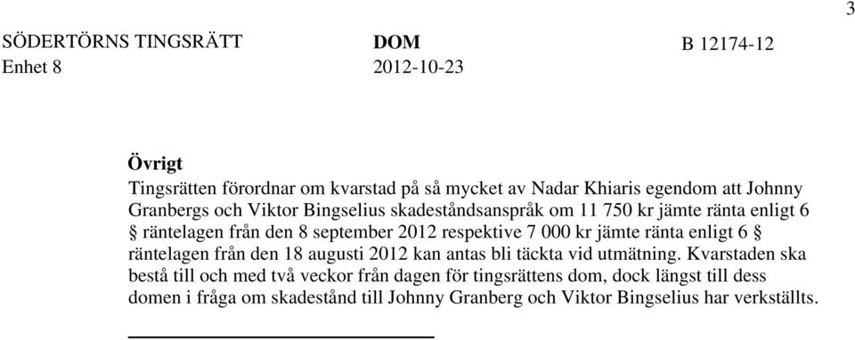 6 räntelagen från den 18 augusti 2012 kan antas bli täckta vid utmätning.