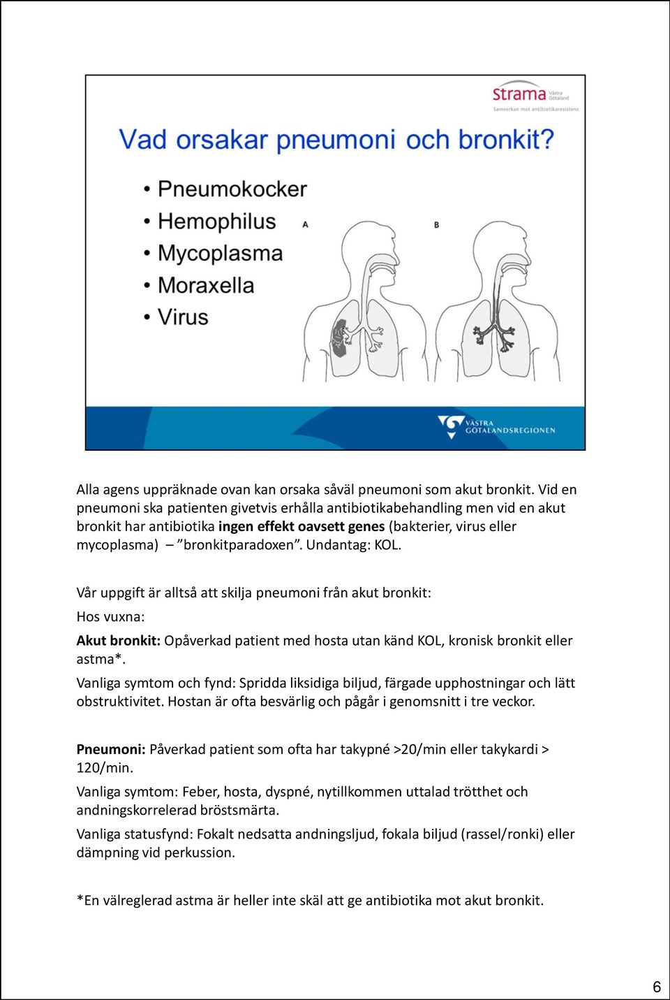 Undantag: KOL. Vår uppgift är alltså att skilja pneumoni från akut bronkit: Hos vuxna: Akut bronkit: Opåverkad patient med hosta utan känd KOL, kronisk bronkit eller astma*.