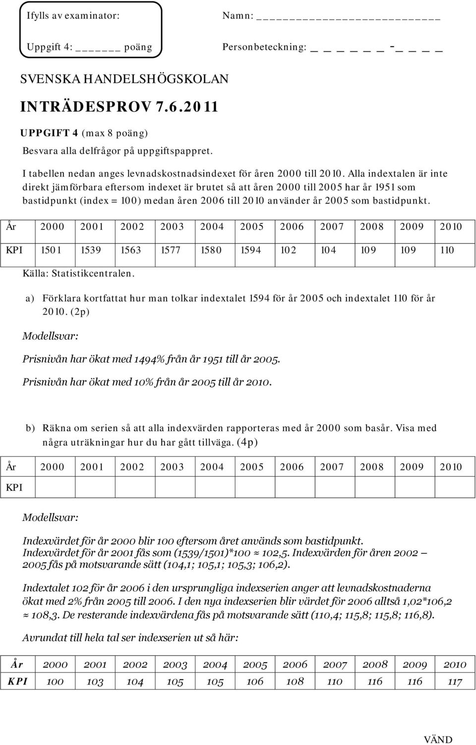 Alla indextalen är inte direkt jämförbara eftersom indexet är brutet så att åren 2000 till 2005 har år 1951 som bastidpunkt (index = 100) medan åren 2006 till 2010 använder år 2005 som bastidpunkt.