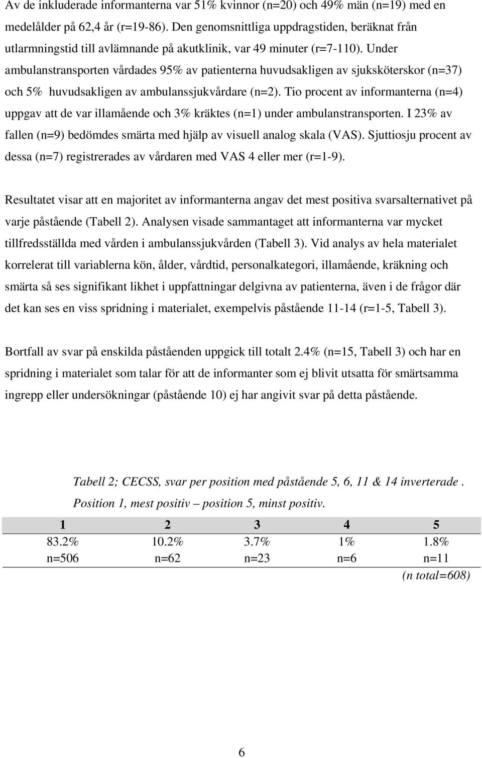 Under ambulanstransporten vårdades 95% av patienterna huvudsakligen av sjuksköterskor (n=37) och 5% huvudsakligen av ambulanssjukvårdare (n=2).