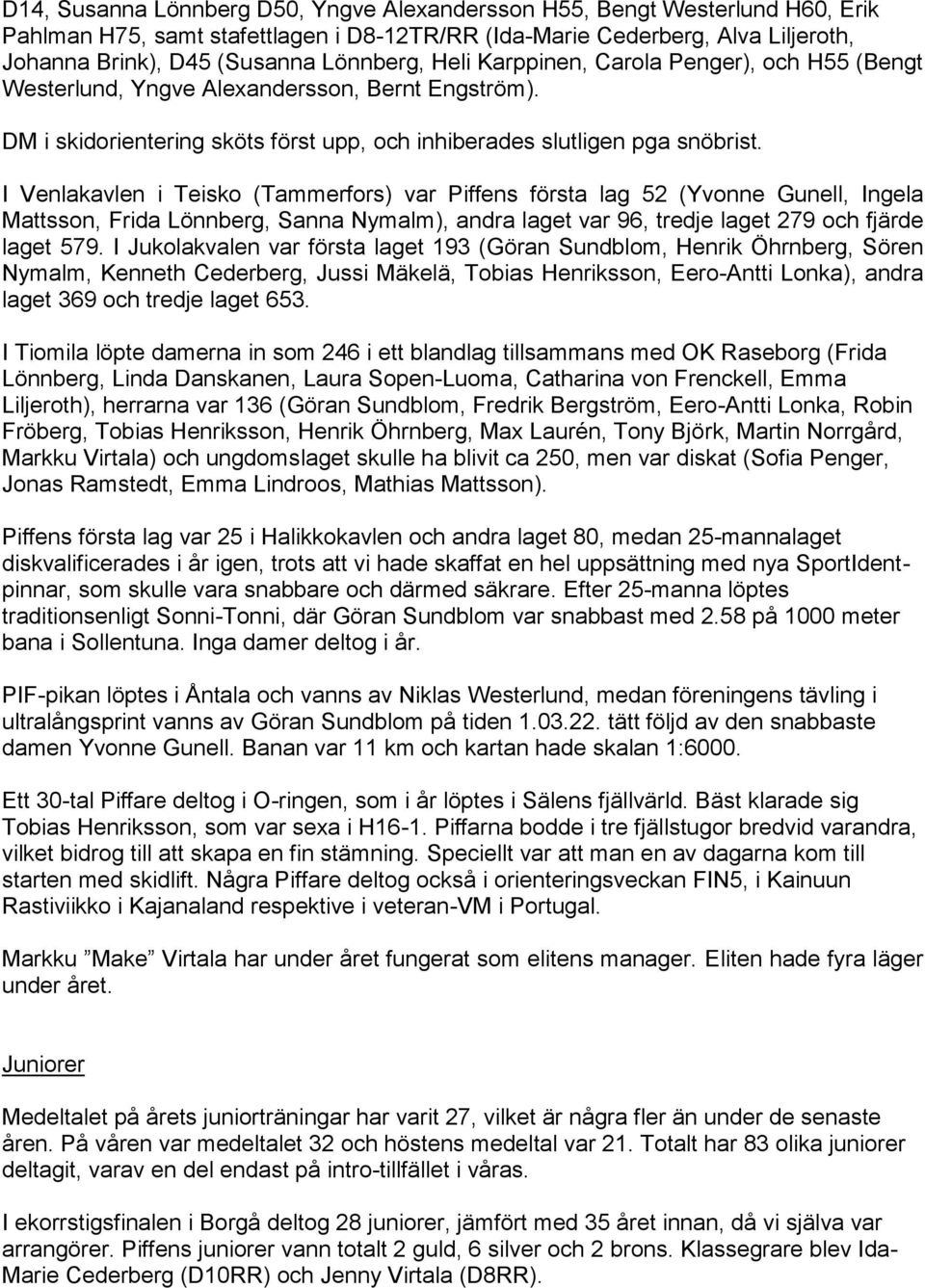 I Venlakavlen i Teisko (Tammerfors) var Piffens första lag 52 (Yvonne Gunell, Ingela Mattsson, Frida Lönnberg, Sanna Nymalm), andra laget var 96, tredje laget 279 och fjärde laget 579.