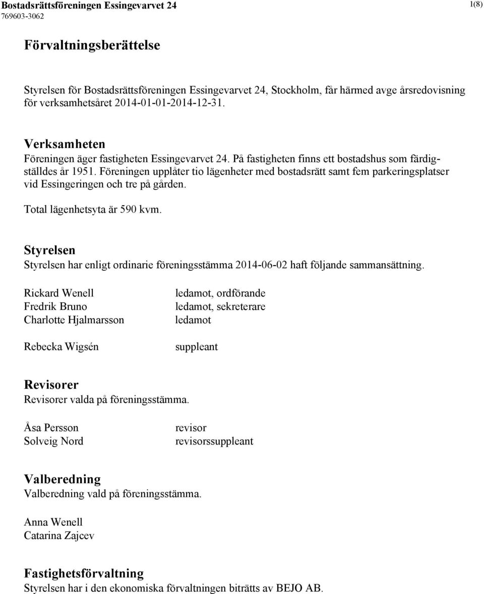 Föreningen upplåter tio lägenheter med bostadsrätt samt fem parkeringsplatser vid Essingeringen och tre på gården. Total lägenhetsyta är 590 kvm.