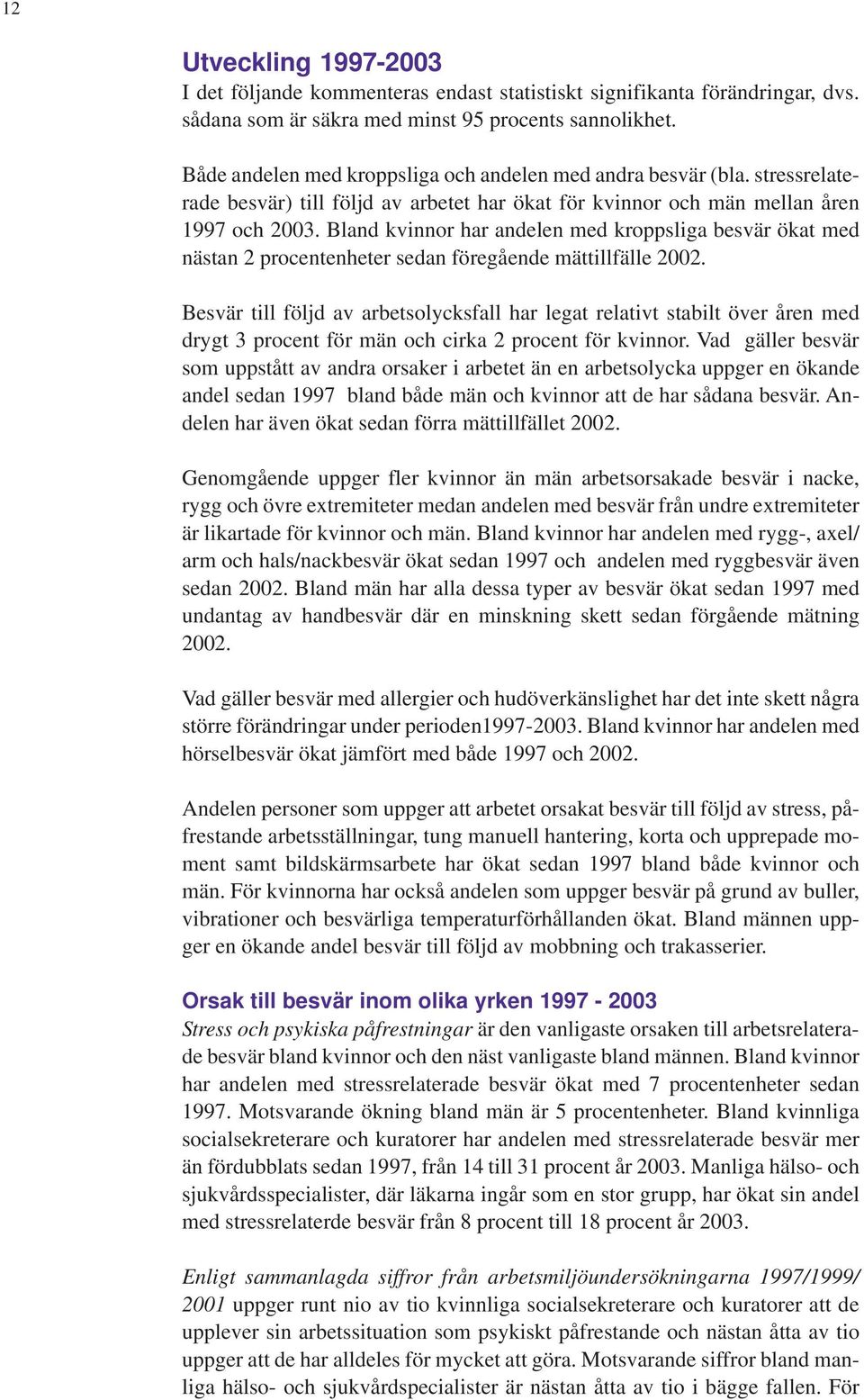Bland kvinnor har andelen med kroppsliga besvär ökat med nästan 2 procentenheter sedan föregående mättillfälle 2002.