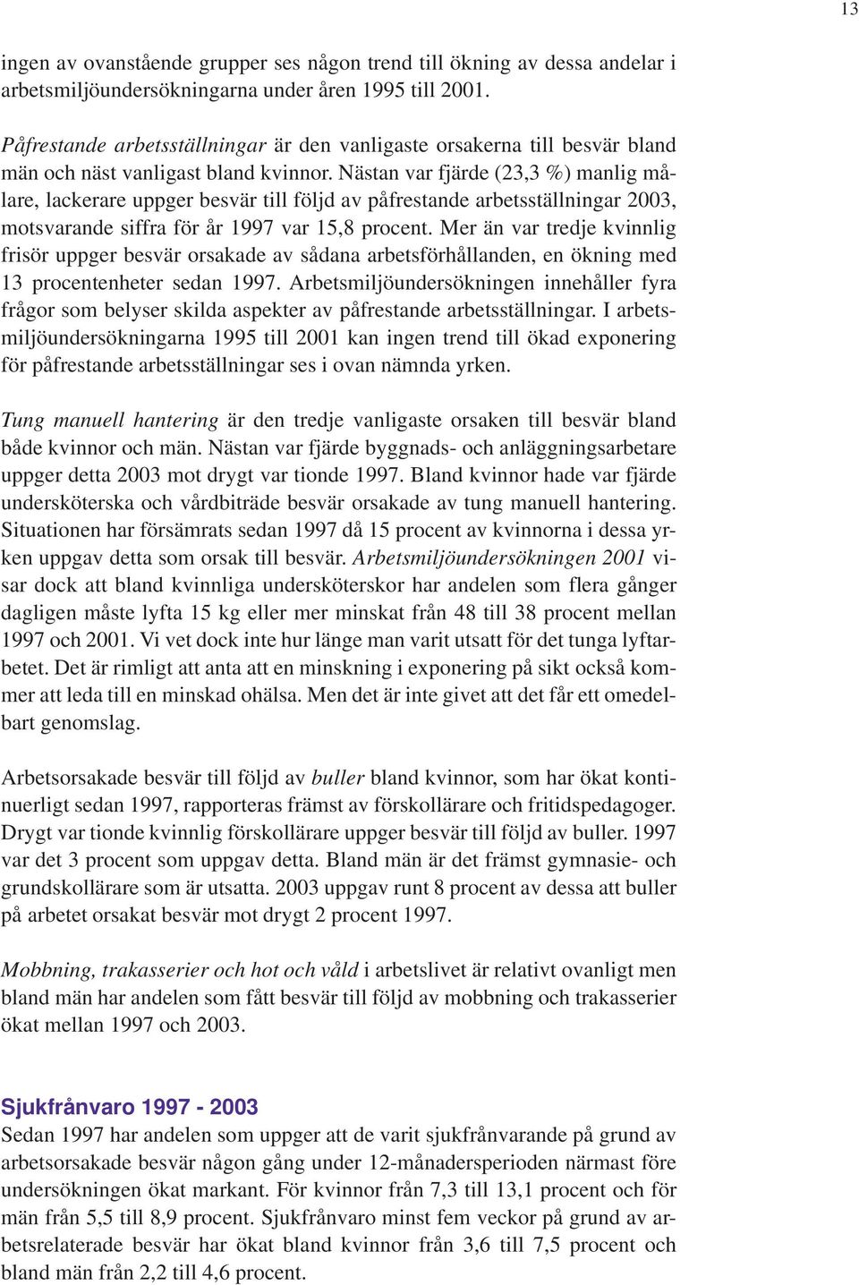 Nästan var fjärde (23,3 %) manlig målare, lackerare uppger besvär till följd av påfrestande arbetsställningar 2003, motsvarande siffra för år 1997 var 15,8 procent.
