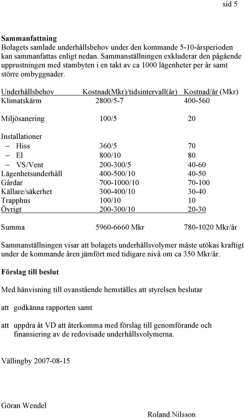 Underhållsbehov Kostnad(Mkr)/tidsintervall(år) Kostnad/år (Mkr) Klimatskärm 2800/5-7 400-560 Miljösanering 100/5 20 Installationer Hiss 360/5 70 El 800/10 80 VS/Vent 200-300/5 40-60