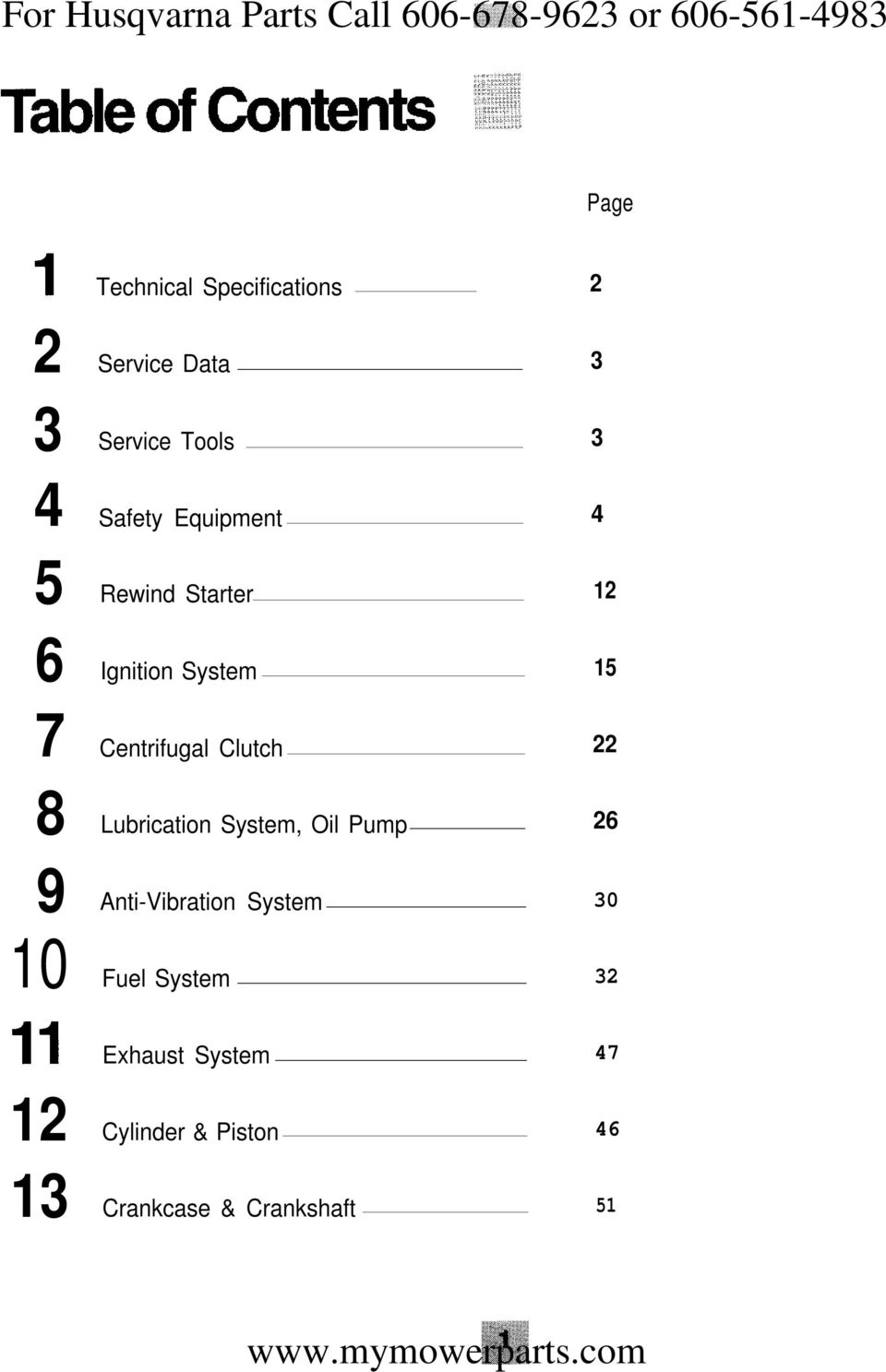 Lubrication System, Oil Pump 9 Anti-Vibration System 10 Fuel System Exhaust