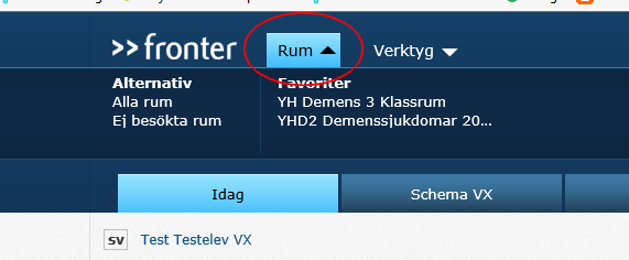 VÄLJ RUM I Rumsväljaren kan du, genom att klicka på pilen, se alla de Rum (kurser) som du deltar i. Klicka på Alla rum för att se vilka rum du har tillträde till.