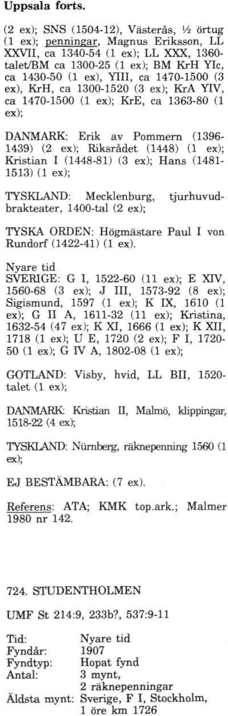 (3 ex), KrH, ca 1300-1520 (3 ex); KrA YIV, ca 1470-1500 (1 ex); KrE, ca 1363-80 (1 ex); DANMARK: Erik av Pommern (1396-1439) (2 ex); Riksrådet (1448) (1 ex); Kristian I (1448-81) (3 ex); Hans