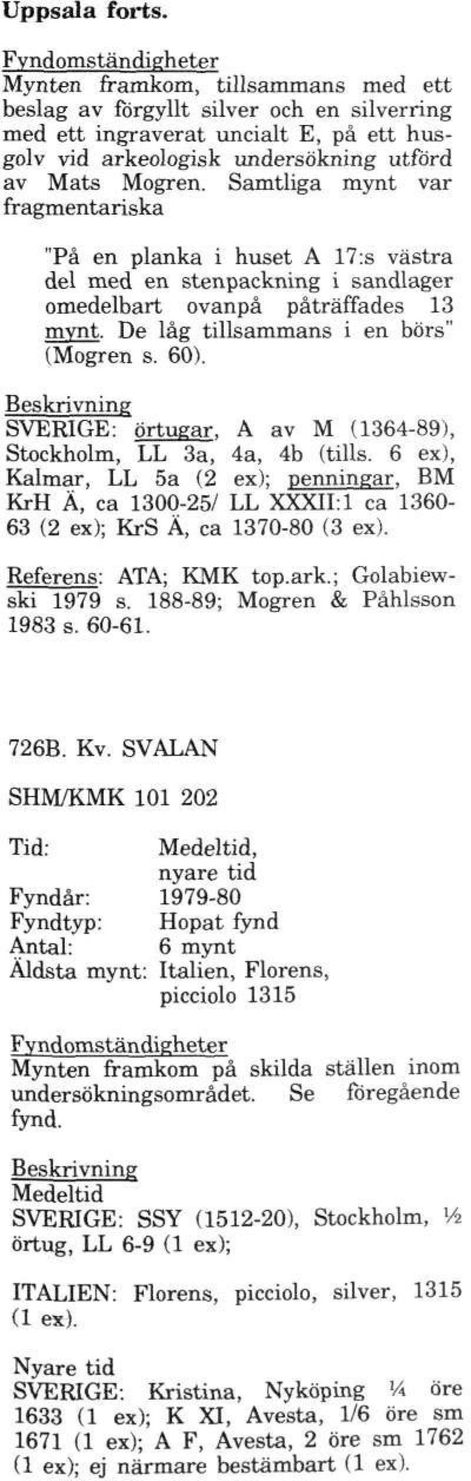 SVERIGE: örtugar, A av M (1364-89), Stockholm, LL 3a, 4a, 4b (tills. 6 ex), Kalmar, LL 5a (2 ex); penningar, BM KrH Ä, ca 1300-25/ LL XXXII: 1 ca 1360-63 (2 ex); KrS Ä, ca 1370-80 (3 ex).