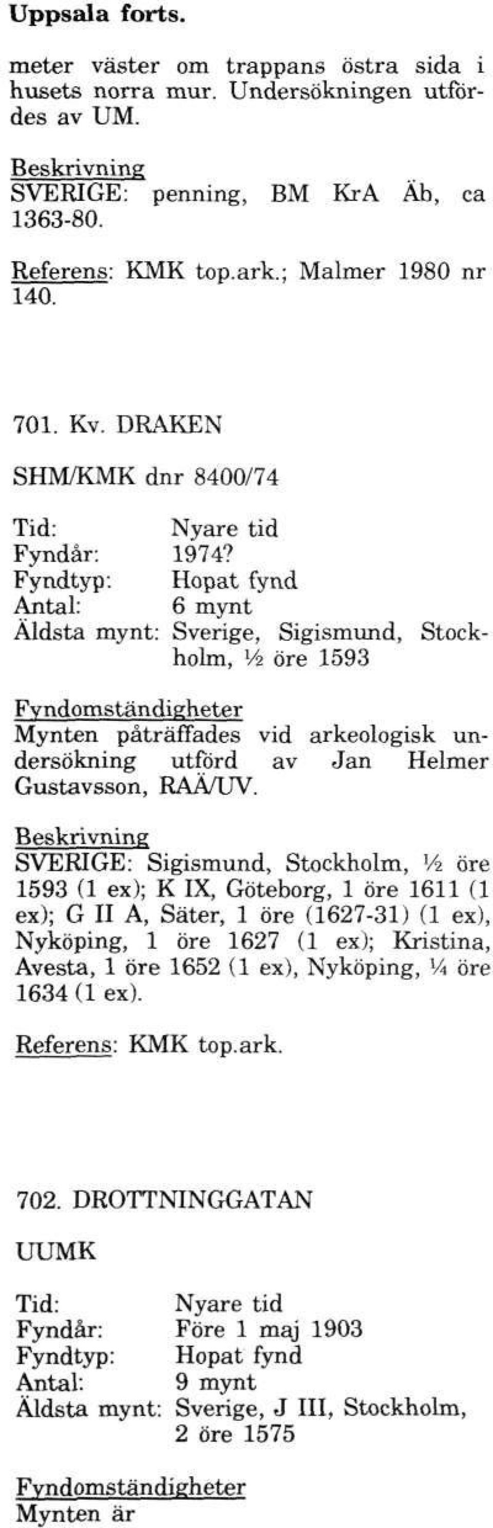 6 mynt Äldsta mynt: Sverige, Sigismund, Stockholm, y 2 öre 1593 Mynten påträffades vid arkeologisk undersökning utförd av Jan Helmer Gustavsson, RAÄ/UV.