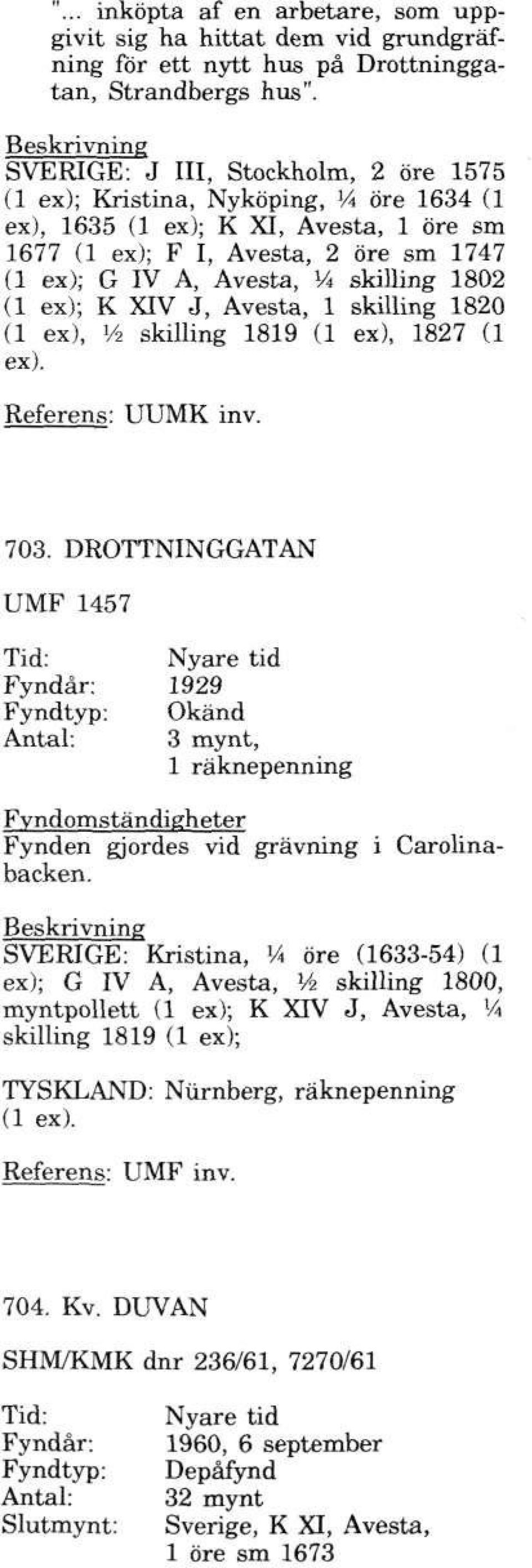 1802 (1 ex); K XIV J, Avesta, 1 skilling 1820 (1 ex), V2 skilling 1819 (1 ex), 1827 (1 ex). Referens: UUMK inv. 703.