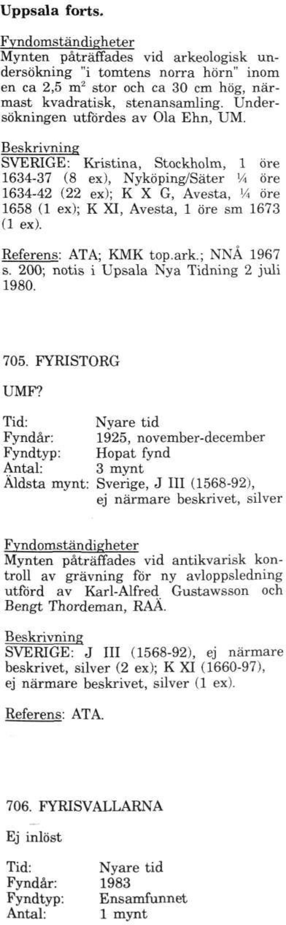 Referens: ATA; KMK top.ark.; NNÅ 1967 s. 200; notis i Upsala Nya Tidning 2 juli 1980. 705. FYRISTORG UMF?
